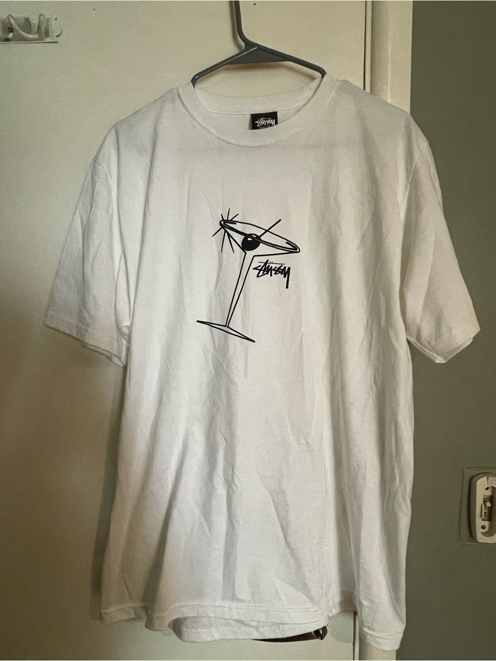 Stussy White Tee with Black Martini Graphic